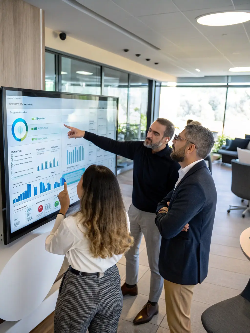 A professional photograph of a diverse team collaborating around a large touchscreen displaying customer service analytics, showcasing improved response times and customer satisfaction scores.